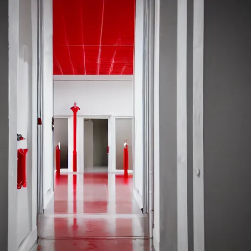 Prompt: a white room with multiple red doors, surreal, creepy, unsettling, liminal space,