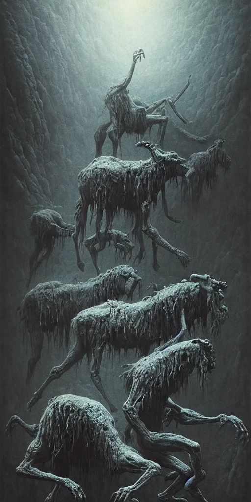 Image similar to ancient great beasts dancing on a moutain, beksinski, eldritch, apocalypse, creepy creature, horror spooky, dramatic light, 4 k, illustration, extremely detailed