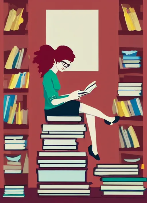 Prompt: a young woman with red hair in a bun and glasses sits on top of a tall pile of books. she is reading. clean pretty cartoon painting, cel shaded, minimal outlines, beautiful detailed face.