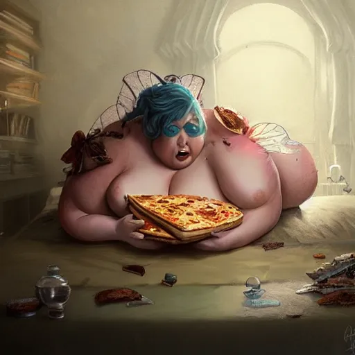 Image similar to a very fat fairy sitting on a messy couch in a messy room, burping because she ate too much pizza, fantasy art, illustration, amazing detail, in the style of greg rutkowski, artgerm, cgsociety
