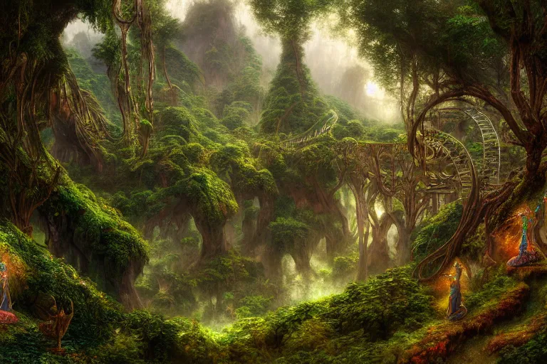 Image similar to a beautiful and highly detailed digital painting of an elven construction in a lush valley in the misty mountains, psychedelic patterns, intricate details, epic scale, 8 k, sharp focus, photorealism, artstation, cgsociety, by caspar friedrich, albert bierstadt, james gurney, brian froud,