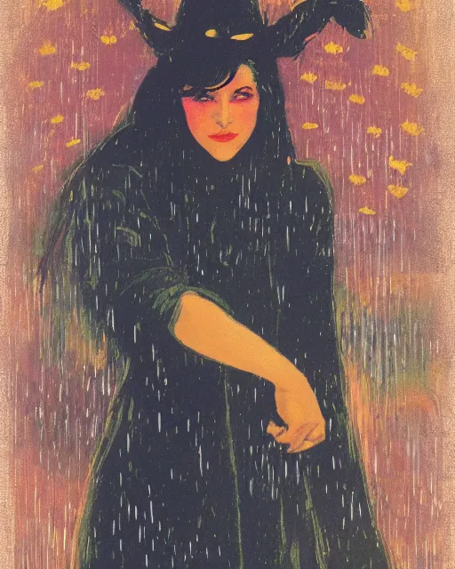 Image similar to a girl meeting the devil in the rain at night, 1 9 7 0 s, seventies, wallpaper, delicate embellishments, painterly, offset printing technique, by brom, robert henri, walter popp