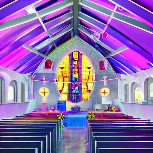 Prompt: cute quaint electric chapel with neon lights lining the roof of the church, a futuristic neon church, hyper detailed architecture, detailed image