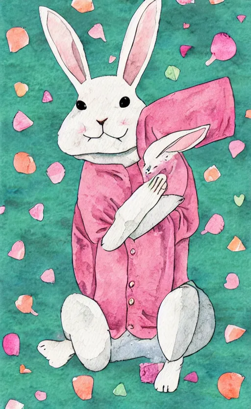 Prompt: watercolor illustration of a rabbit in pajamas falling asleep, tucked in bed