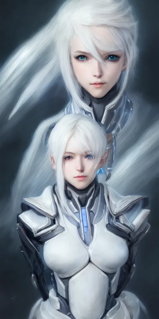 Prompt: perfect white haired girl, warframe armor, beautiful, dreamy, portrait, highly detailed, digital painting, trending on artstation, concept art, sharp focus, illustration, pretty face, blue eyes, sci - fi platform, front lit, laboratory, experiment, masterpiece, art by masayoshi tanaka, akihiko yoshida, kazuya takahashi