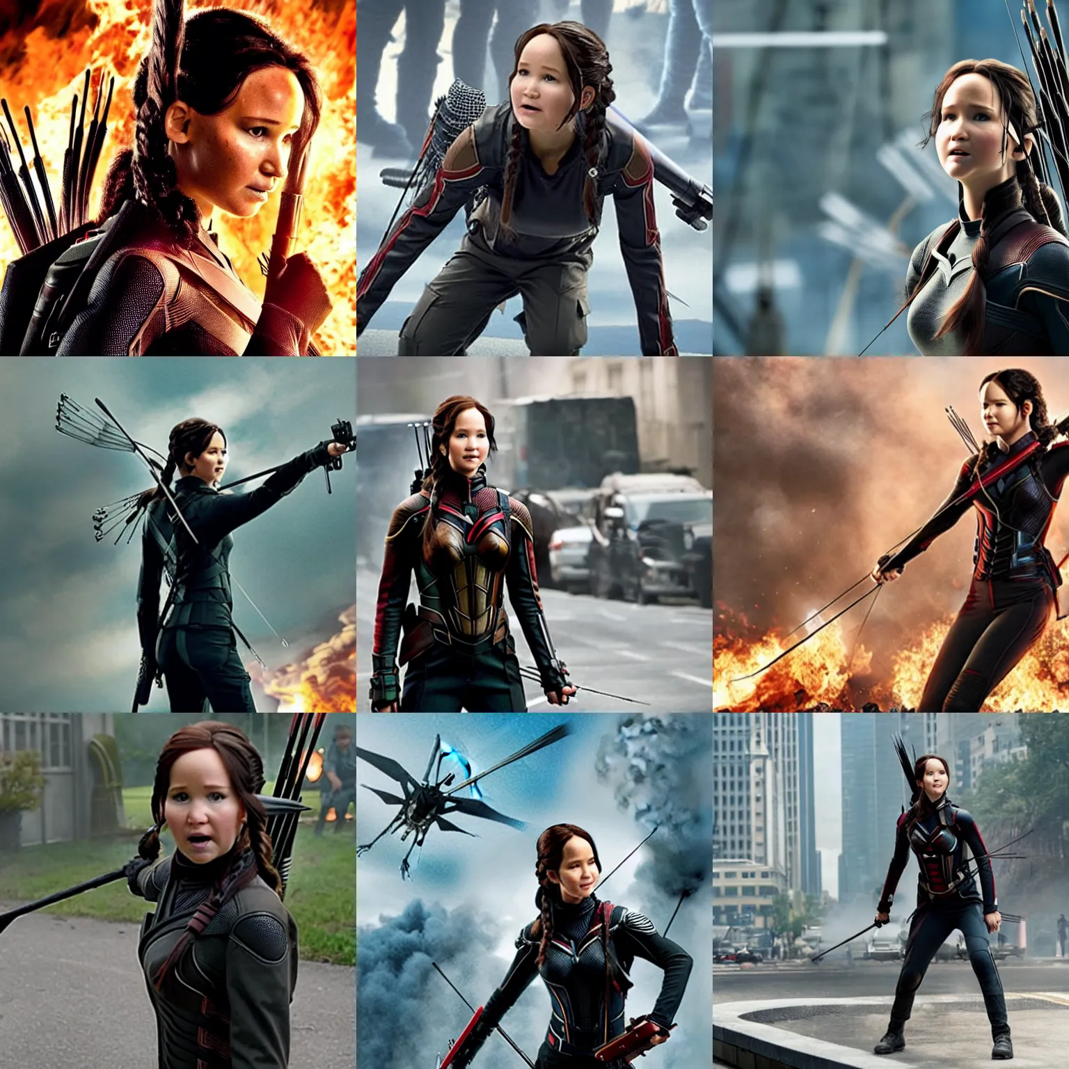 Prompt: Katniss Everdeen grows to an enormous size and attacks a city, film still from 'Ant-Man and the Wasp'