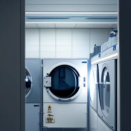 Image similar to a beautiful photo of an astronaut waiting in an self-service automatic laundry room, soft light, morning light, photorealistic, realistic, octane, 8k, cinematic shot