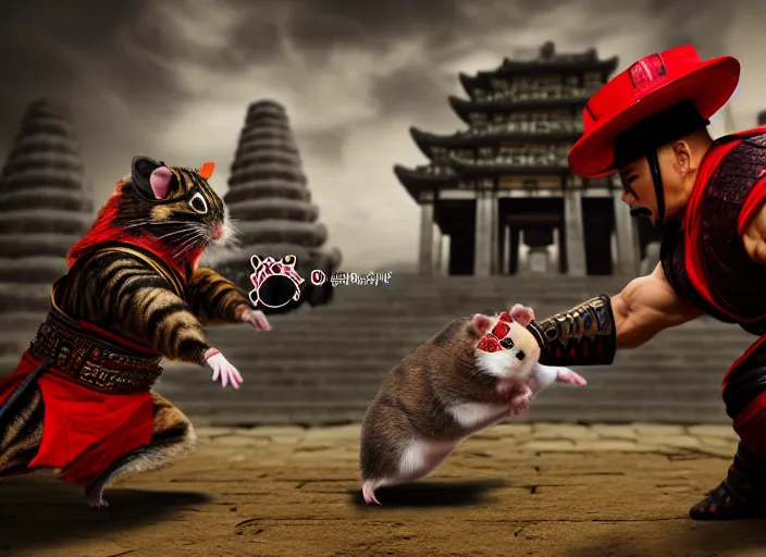 Image similar to hamster dressed as shao khan fights a cat dressed as kung lao in mortal kombat on the background of an ancient temple. fantasy magic style. highly detailed 8 k. intricate. lifelike. soft light. sony a 7 r iv 5 5 mm. cinematic post - processing