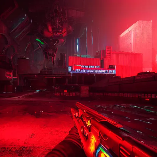 Prompt: video game doom, cyberpunk aesthetic, hellscape, science fiction, red color palette, neon signs, landscape, skyline, aliens movie, evil dead 2, dead space, atmospheric, suspenseful, 4 k, hyperrealism, octane render, cycles engine render, unreal engine render, ray - tracing