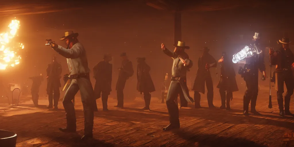 Image similar to a futuristic cowboy firing a glowing revolver to his enemies in a wild western bar, gunpowder and fog everywhere, red dead redemption 2, trending on artstation, digital art, award winning, cinematic lightning, ray tracing, 8k, Highly Detailed