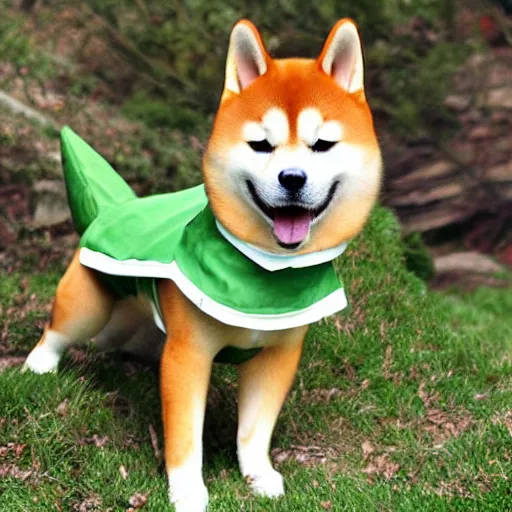 Prompt: Shiba Inu dressed as Link from the Legend of Zelda, realistic photograph