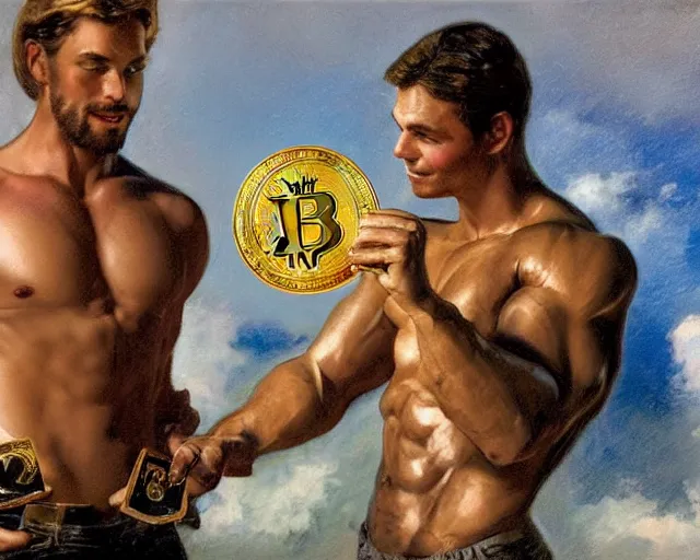 Image similar to attractive muscular man magically holding a golden bitcoin, commercial by annie liebovitz, gaston bussiere, craig mullins, j. c. leyendecker