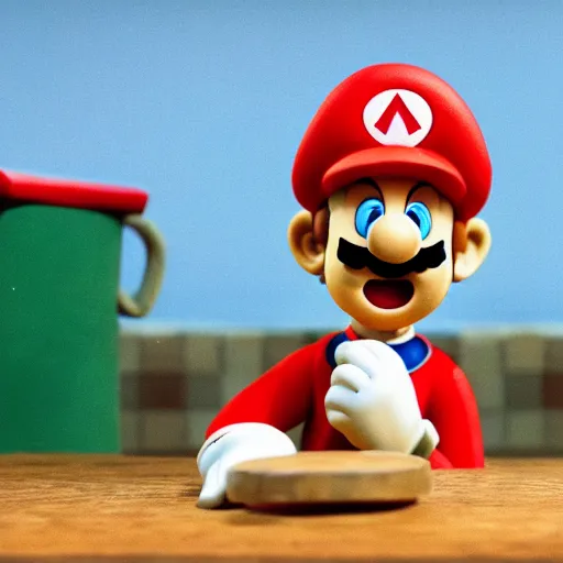Prompt: Photo of ((((Mario)))) in a still from a Wallace and Gromit stopmotion animation, plasticine models, British stopmotion, high quality, a bit desaturated colors, art by Aardman Animations, 4k