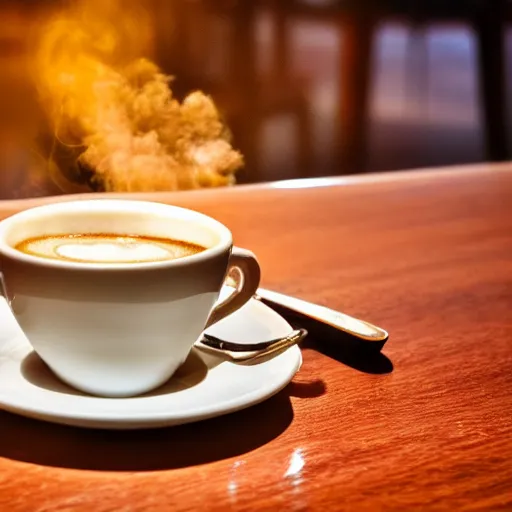 Image similar to close up realistic detailed photo of a steaming cup of coffee on a saucer with a flaky pastry on the side and a coffee spoon next to it on the table in a hotel lobby, liminal, hdr, volumetric lighting, dim light, diffuse light