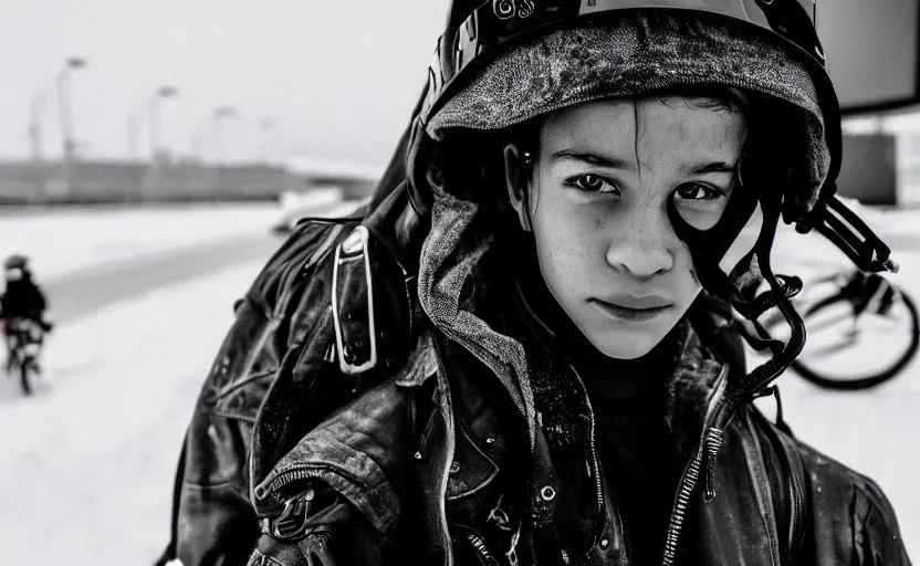 Prompt: cinestill 5 0 d candid photographic portrait by helen levitt of a mixed teen cyborg wearing rugged black mesh techwear riding on a dirtbike through an airport, extreme closeup, modern cyberpunk moody emotional cinematic, snow storm, 8 k, hd, high resolution, 3 5 mm, f / 3 2, ultra realistic faces, ex machina