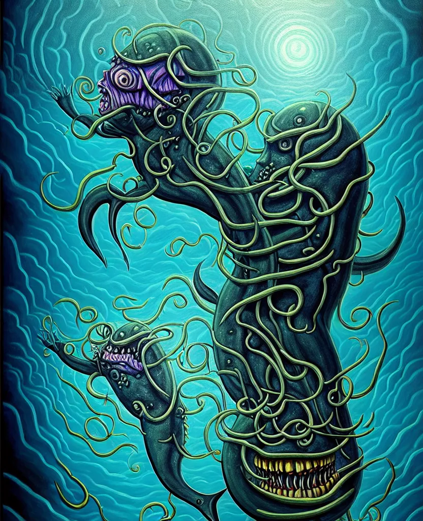 Image similar to mysterious bestiary of wild emotion monsters repressed in the deep sea of unconscious of the psyche, about to rip through and escape in a extraordinary revolution, painted by ronny khalil