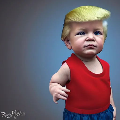 Image similar to donald trump as a baby, wearing a dress, high quality photo, artstation, cute