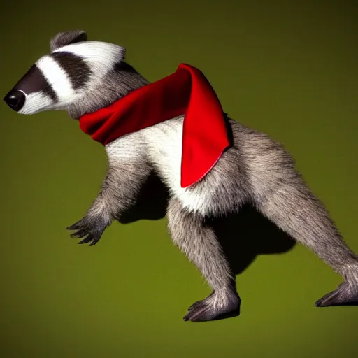 Image similar to a humanoid friendly badger on white background, he‘s running towards the camera, he‘s wearing a very small red neckerchief, digital render