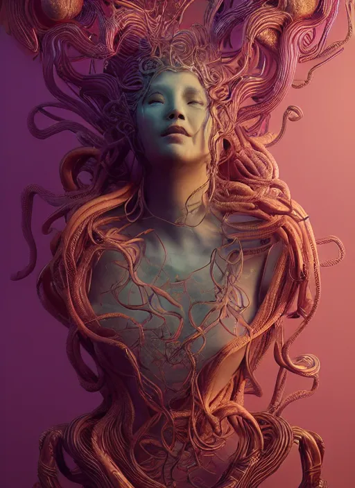 Image similar to subsurface scattering, medusa made of soft wax, cgsociety, translucent, wooden art nouveau swirls, organic fractals, colored smoke, gold cables, electricity, in the style of ruan jia and beeple and giger, mystical colors, back light, rim light, dramatic lighting, 8 k, stunning scene, raytracing, octane render