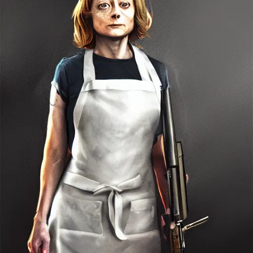 Prompt: portrait of jodie foster dressed an apron dress, carrying a shotgun, apocalypse, sharp focus, illustration, highly detailed, digital painting, concept art, art by wlop and greg cinematic lighting