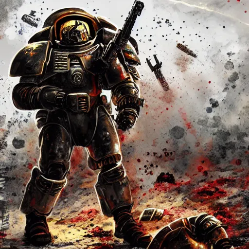 Prompt: heavy armor soldier wearing space marine like armor but in real life, walking in a river of blood full of human bloody dead bodies and human parts, shooting with his gun, explosions in background, painting style