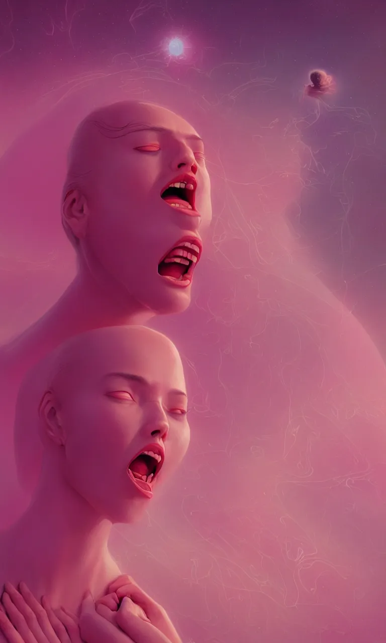 Prompt: young beautiful woman screaming in etheric hypothalamus of her mind, in a pink color palette of cosmic spring, symmetry, symmetrical face, intricate, beautiful illustration, retro futuristic, cinematic colors, style of edward robert hughes + zdzislaw beksinski, octane render, detailed, detail, waist up shot