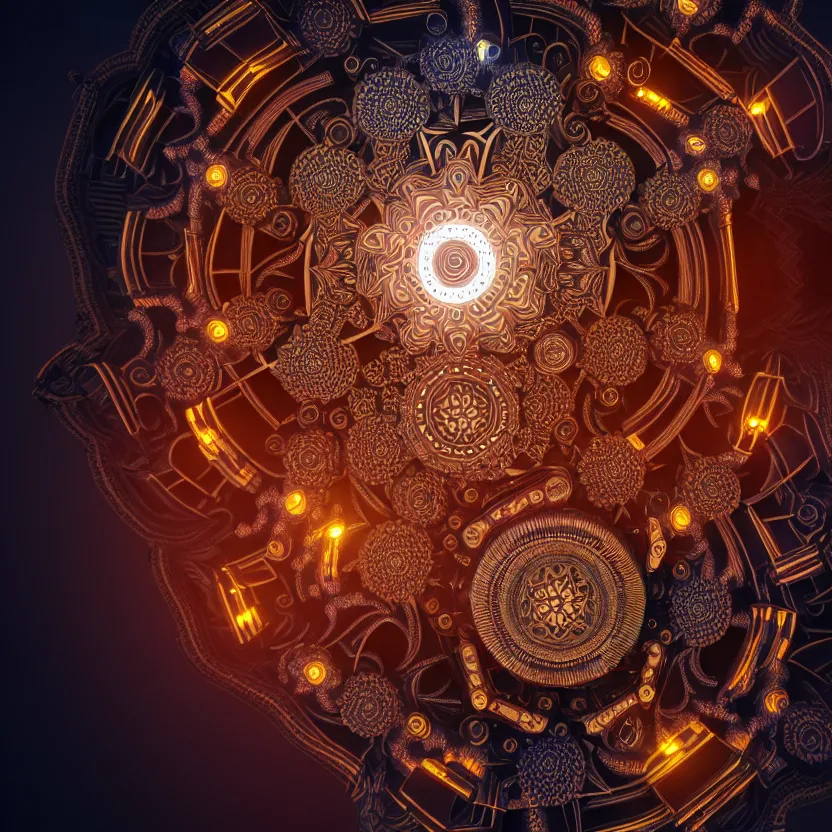 Image similar to a fractal mandala of cyborg components, fine details, digital art, volumetric lighting, cinematic light, photorealistic