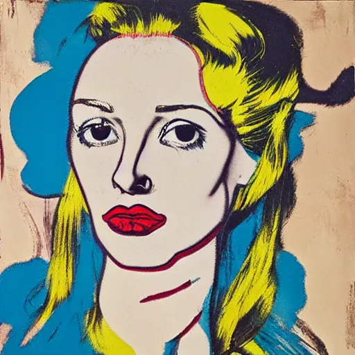 Image similar to beautiful female portrait in oil by james jean, by andy warhol, by roy lichtenstein, by egon schiele