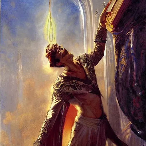 Image similar to attractive male magician casts dark spell, summoning handsome lucifer morningstar. highly detailed painting by gaston bussiere, craig mullins, j. c. leyendecker 8 k