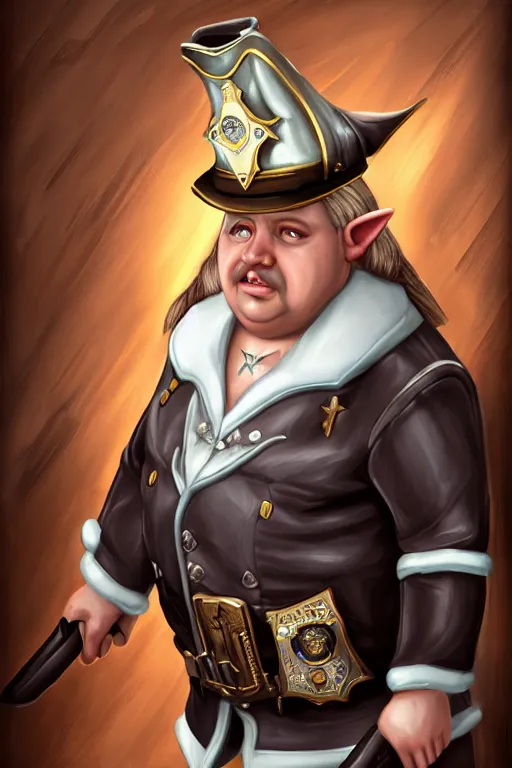 Image similar to fat high elf mall cop with a sheriff's badge, they are shifty and incompetent, Oil Painting, hyperrealistic, Detailed Digital Art, RPG portrait, 3/4 bust, dynamic lighting, Highly Detailed, Cinematic Lighting, 8k, HD