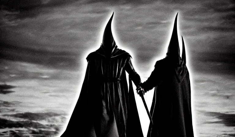 Image similar to the dark lord sauron, fire, in the style of akira kurosawa, cinematic, dramatic lighting, black and white, film grain