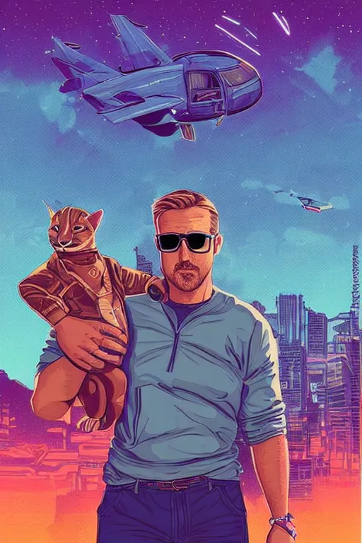 Image similar to a portrait of Ryan Gosling holding a cute caracal with thunders in the sky in a future cybernetic city, outrun style and colours, trending on arstation, by dan mumford, by ross tran