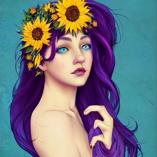 Image similar to a beautiful stunning matte digital portrait illustration of a blue-eyed woman with freckles and violet hair wearing a yellow sunflower crown, in the style of Ross Tran, art nouveau, trending on artstation, contest winner