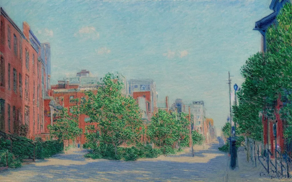 Image similar to photograph of guernsey street in greenpoint brooklyn, oil painting by monet, pastel color palette