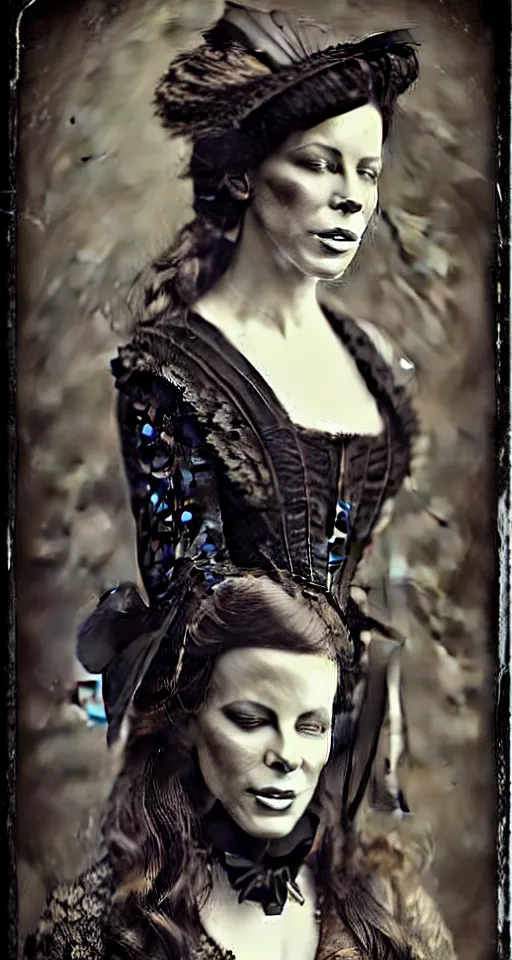 Image similar to digital collodion photograph, a beautiful portrait of Kate Beckinsale dressed in victorian era clothes