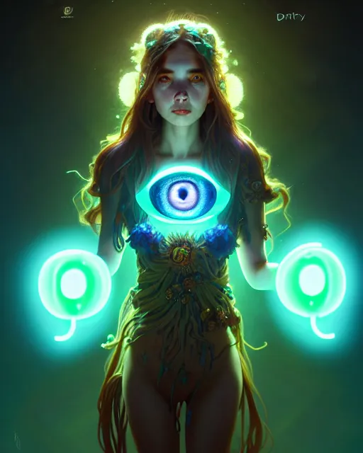 Prompt: one singular portrait of a cute bioluminescent druid with glowing eyes, highly detailed, digital painting, cinematic, hyper realism, dark retrowave, art by stanley lau and artgerm and magali villeneuve and alphonse mucha, artstation, octane render, cgsociety