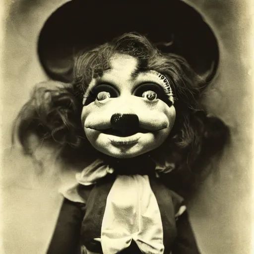 Prompt: clown ventriloquist doll smiling, ventriloquist dummy, photo, surrealistic, creepy, dark, epic, cinematic, style of atget, detailed