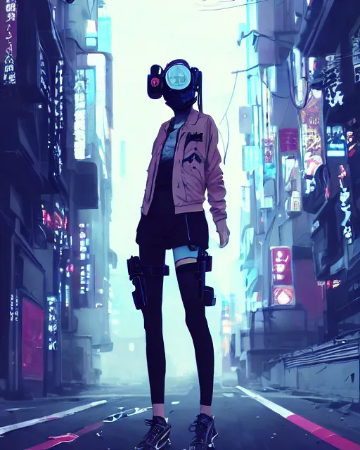 Image similar to kyoto animation, cool girl wearing cyberpunk intricate streetwear, respirator, detailed portrait, cell shaded, 4 k, concept art, by wlop, ilya kuvshinov, artgerm, krenz cushart, greg rutkowski, pixiv. cinematic dramatic atmosphere, sharp focus, volumetric lighting, cinematic lighting, studio quality