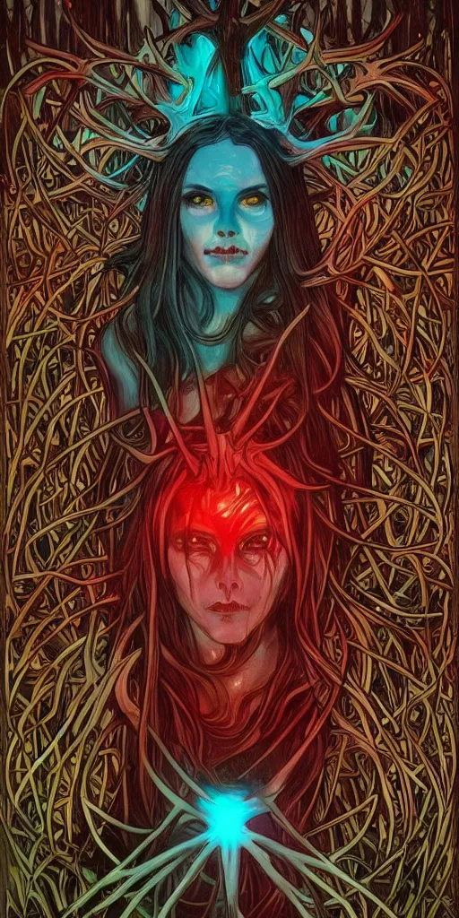 Image similar to intense glowing black metal pagan god with antlers and veins and intense glowing eyes with a skull in very dark forest by artgerm and alphonse mucha, portrait, fantasy, clear, red and teal and yellow, light beams, lens flare, intense, uhd, amazing depth, cinematic lighting