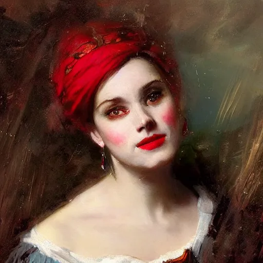 Image similar to Solomon Joseph Solomon and Richard Schmid and Jeremy Lipking victorian genre painting portrait painting of a happy young beautiful woman traditional german french actress model pirate wench in fantasy costume, red background