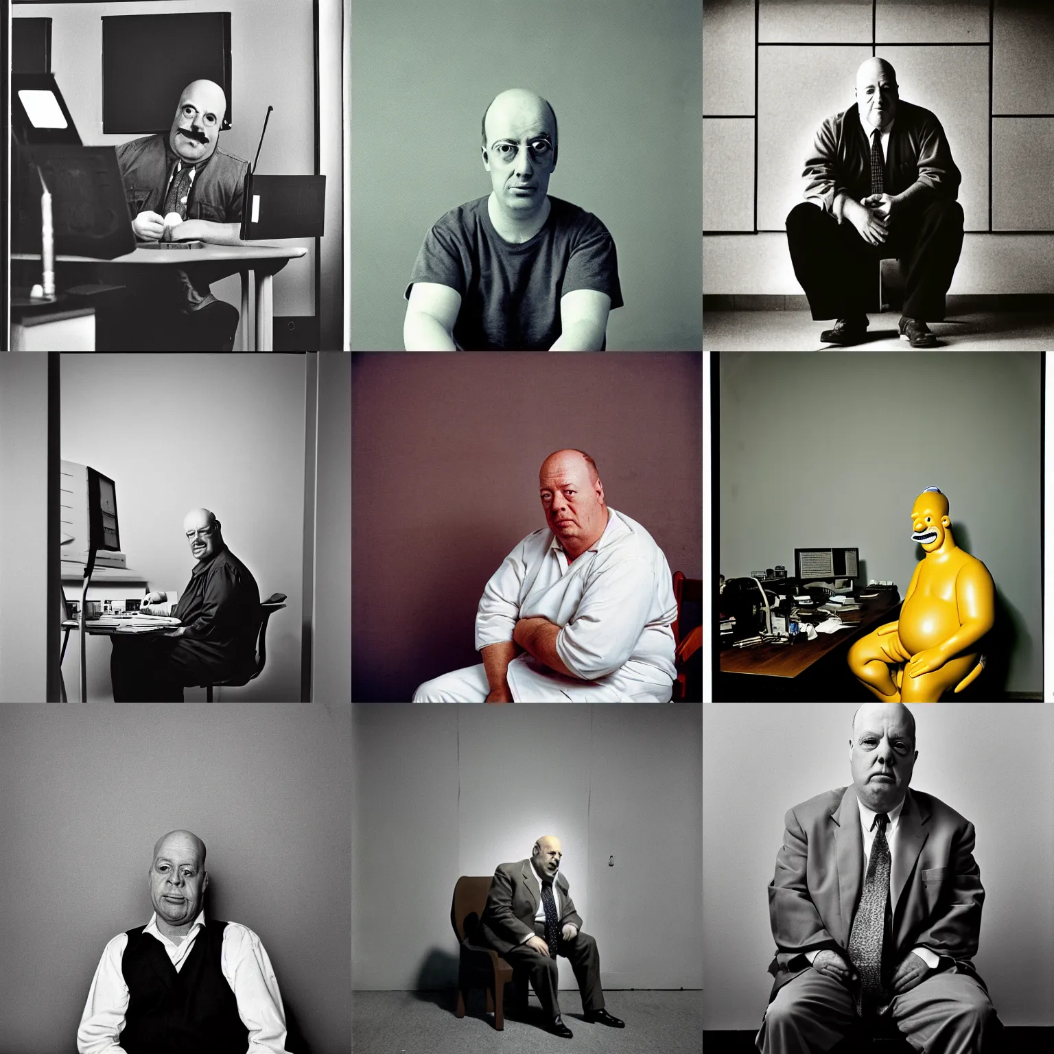 Prompt: portrait photo of a man who looks just like homer simpson, sitting at his workstation at the nuclear power plant, environmental portrait photo by arnold newman, grit, muted colors, lookalike, alarming light, 5 0 mm