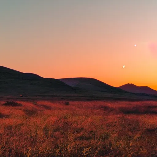 Prompt: a beautiful alien planet with planet rings visible at sunset, photo of landscape