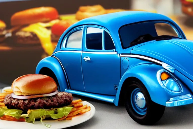 Image similar to a blue beetle car with burgers in place of the wheels