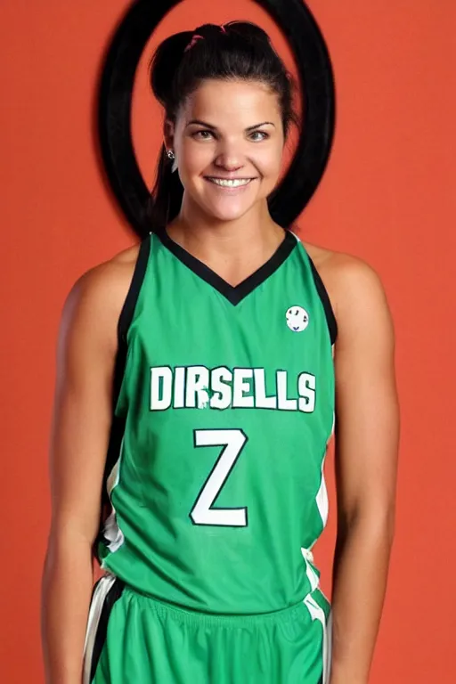 Prompt: character photo. female basketball player in light green sleeveless dress, gleefully telling a bs story full of lies. danielle campbell. facial expression of manic obsessive love. black hair in ponytail. bright blue eyes. built like basketball player