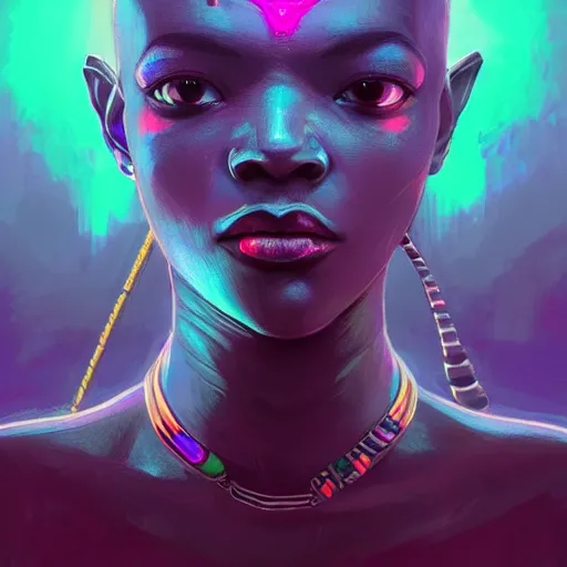 Image similar to african neon necromancer, science fiction, highly detailed, digital painting, beautiful eyes, symmetry, concept art, sharp focus, illustration, global illumination, radiant light, synthwave colors, detailed and intricate environment, art by artgerm and greg rutkowski and magali villeneuve and ilya kuvshinov!