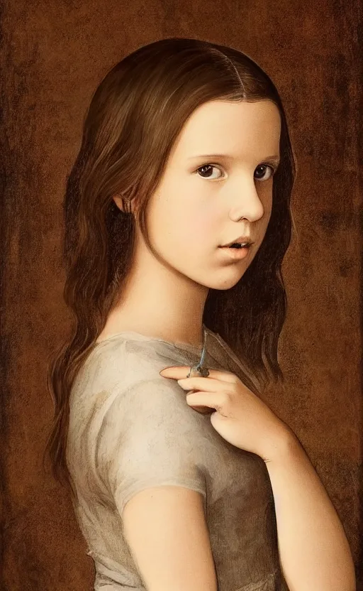 Image similar to millie bobby brown painted by leonardo da vinci and rossdraws