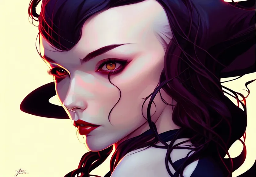 Image similar to artgerm, joshua middleton comic cover art, full body pretty kacey rohl vampire, symmetrical eyes, symmetrical face, long curly black hair, dark castle background background, cinematic lighting