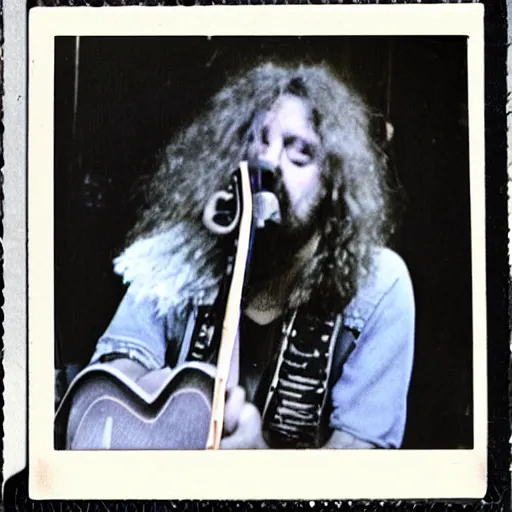 Image similar to Woman holding double-neck guitar, long shaggy-haired rocker, wearing denim, proto-metal concert, live concert, 1972, super 8mm, Polaroid