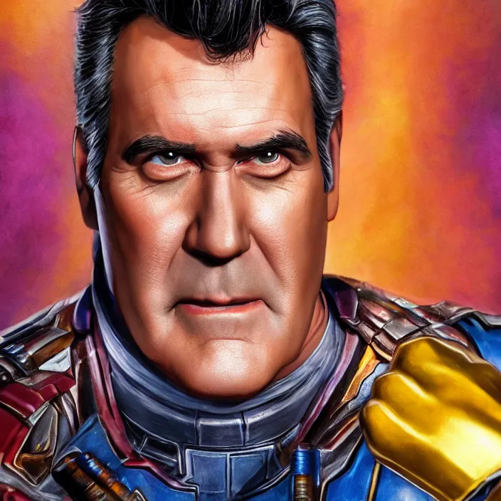 Prompt: portrait of Bruce Campbell, wearing The Infinity Gauntlet. Caricature artwork. trending on artstation, very coherent symmetrical artwork. avengers. thanos. cinematic, hyper realism, high detail, octane render, 8k, iridescent accents