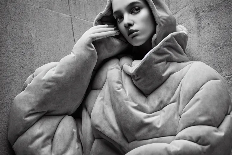 Image similar to well lit fashion shoot portrait of extremely beautiful female marble statue wearing huge over size puffer jacket by dingyun zhang, yeezy, balenciaga, vetements, a cold wall, sharp focus, clear, detailed,, cinematic, detailed, off white, glamourous, symmetrical, vogue, editorial, fashion, magazine shoot, glossy